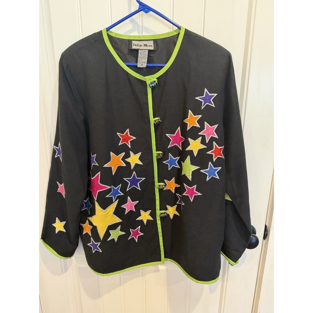 Indigo Moon Women’s M Black Star Applique Jacket Beaded Buttons Colorful Artwear